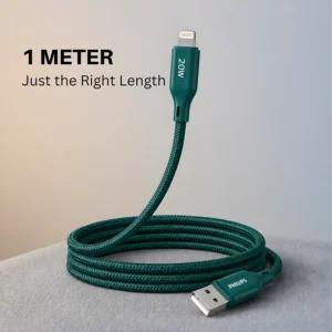 Philips 1Mtr Braided USB-A to USB-L Charging Cable (20W Fast Charge) Green