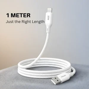 Philips 1Mtr Braided USB-A to USB-L Charging Cable (20W Fast Charge) White DLC4130VW